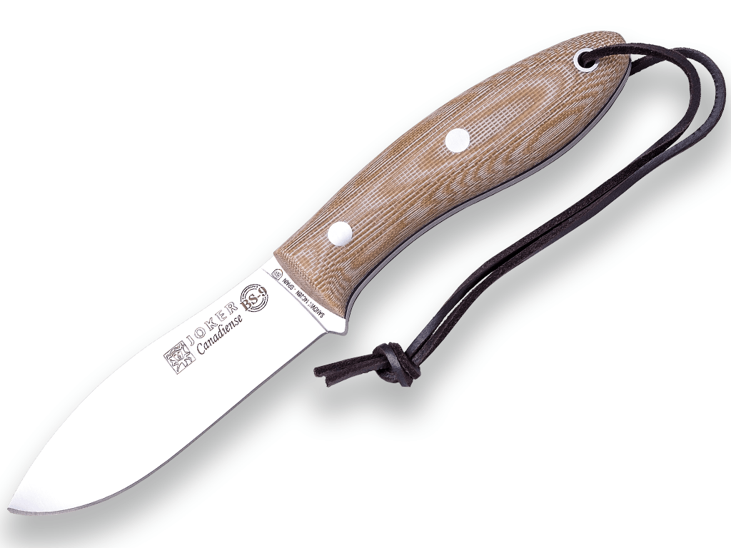 CUCHILLO BUSHCRAFT Y CAZA JOKER BS9 CANADIENSE. ACERO SANDVIK 14C28N, MANGO CANVAS MICARTA, HOJA 10,5 CM. FUNDA VAQUETILLA CON FERROCERIO.