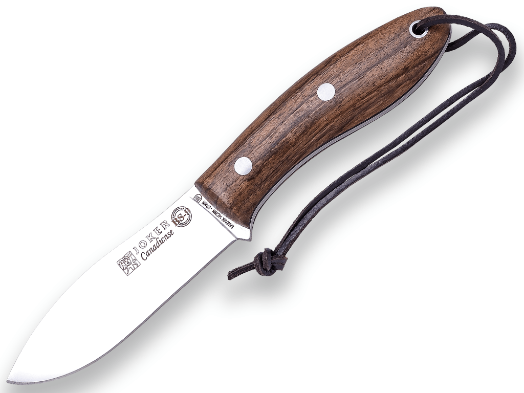 CUCHILLO BUSHCRAFT Y CAZA JOKER BS9 CANADIENSE. ACERO SANDVIK 14C28N, MANGO DE NOGAL, HOJA 10,5 CM. CON FUNDA VAQUETILLA.