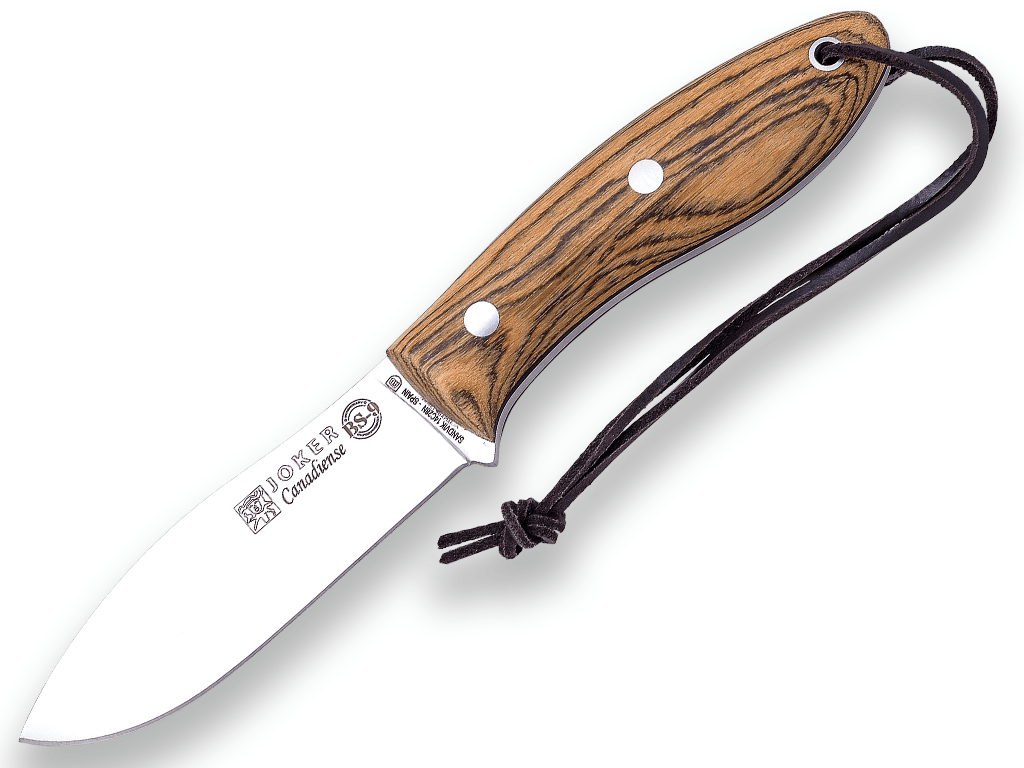 CUCHILLO BUSHCRAFT Y CAZA JOKER BS9 CANADIENSE. ACERO SANDVIK 14C28N, MANGO DE BOCOTE, HOJA 10,5 CM. CON FUNDA VAQUETILLA.