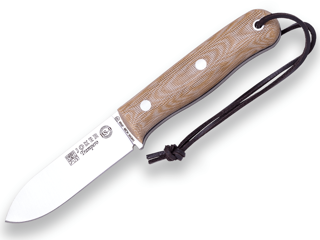 CUCHILLO BUSHCRAFT Y CAZA JOKER BS9 TRAMPERO. ACERO SANDVIK 14C28N, MANGO CANVAS MICARTA, HOJA 10 CM. CON FUNDA VAQUETILLA.