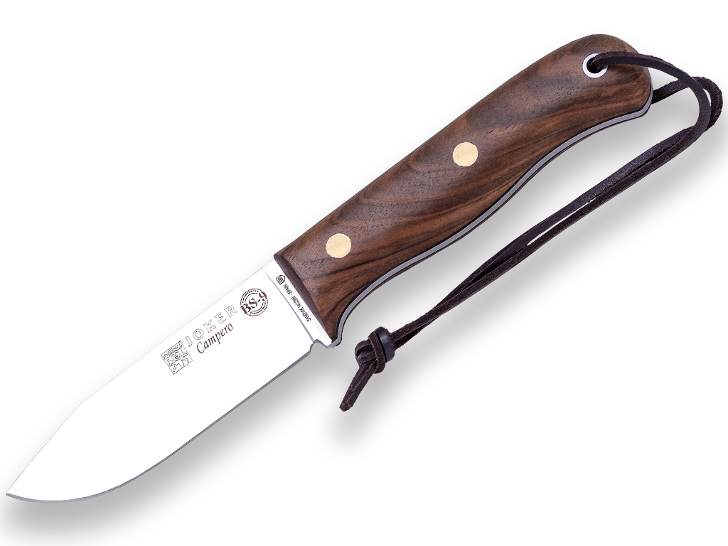 CUCHILLO BUSHCRAFT Y SUPERVIVENCIA JOKER BS9 CAMPERO. ACERO SANDVIK 14C28N, MANGO DE NOGAL, HOJA 10,5 CM. CON FUNDA VAQUETILLA CON FERROCERIO