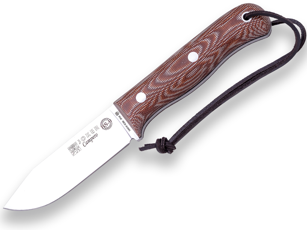 CUCHILLO BUSHCRAFT Y SUPERVIVENCIA JOKER BS9 CAMPERO. ACERO SANDVIK 14C28N, MANGO CANVAS MICARTA, HOJA  10,5 CM. CON FUNDA VAQUETILLA.