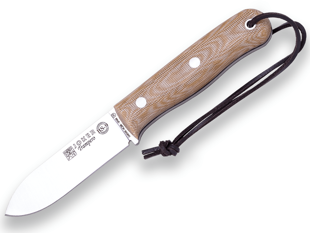 CUCHILLO BUSHCRAFT Y CAZA JOKER BS9 TRAMPERO. ACERO SANDVIK 14C28N, MANGO MADERA DE NOGAL, HOJA 10 CM. FUNDA VAQUETILLA CON FERROCERIO.