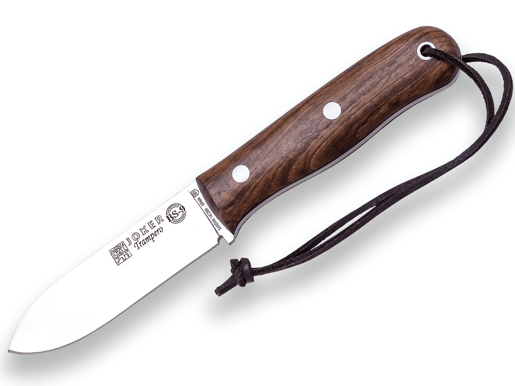 CUCHILLO BUSHCRAFT Y SUPERVIVENCIA JOKER BS9 TRAMPERO. ACERO SANDVIK 14C28N, MANGO MADERA DE NOGAL, HOJA 10 CM. CON FUNDA VAQUETILLA.