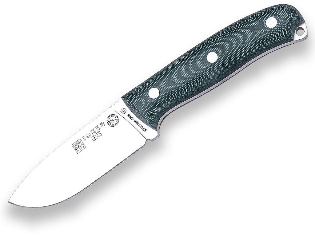CUCHILLO BUSHCRAFT Y SUPERVIVENCIA JOKER BS9 URSUS. ACERO BÖHLER N695, MANGO CANVAS MICARTA, HOJA 10 CM. FUNDA VAQUETILLA INCLUIDA.