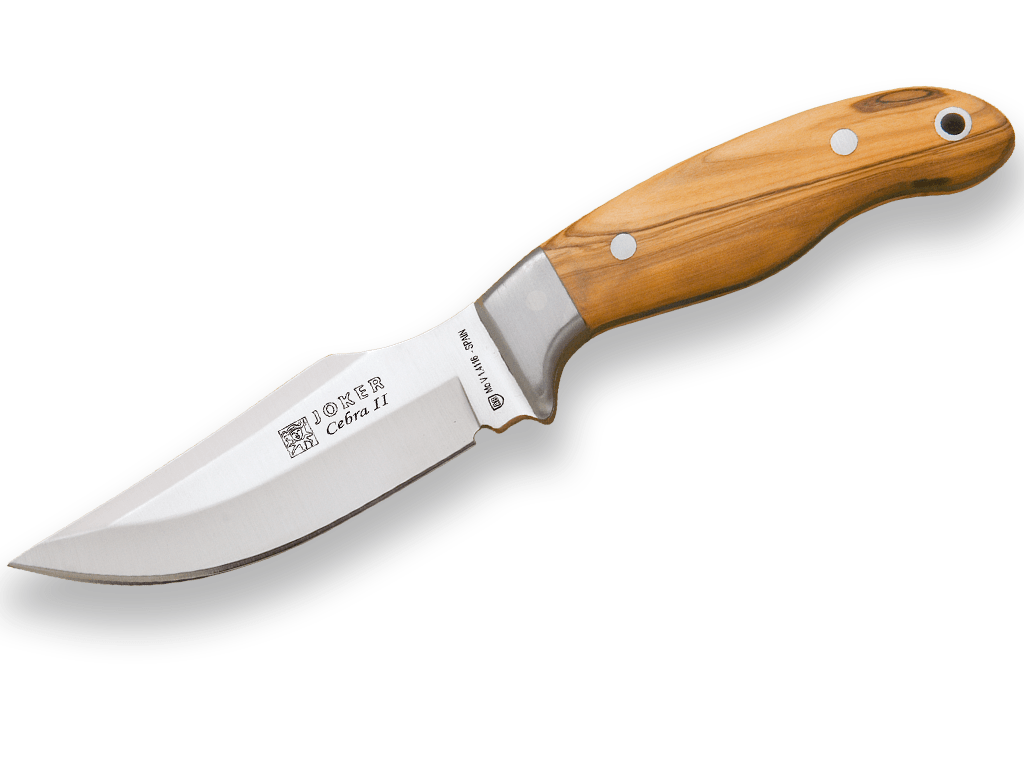 CUCHILLO DE CAZA JOKER CEBRA II, CACHAS DE OLIVO Y HOJA DE 11 CM.FUNDA DE CUERO.