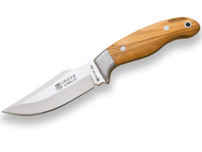CUCHILLO DE CAZA JOKER CEBRA II, CACHAS DE OLIVO Y HOJA DE 11 CM.FUNDA DE CUERO.