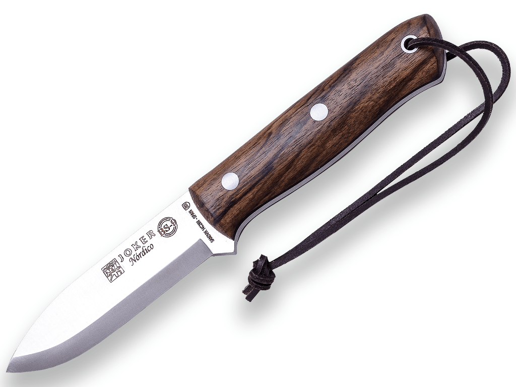 CUCHILLO BUSHCRAFT Y SUPERVIVENCIA JOKER BS9 NÓRDICO. ACERO SANDVIK 14C28N, MANGO DE NOGAL, HOJA 10 CM. FUNDA VAQUETILLA CON FERROCERIO.