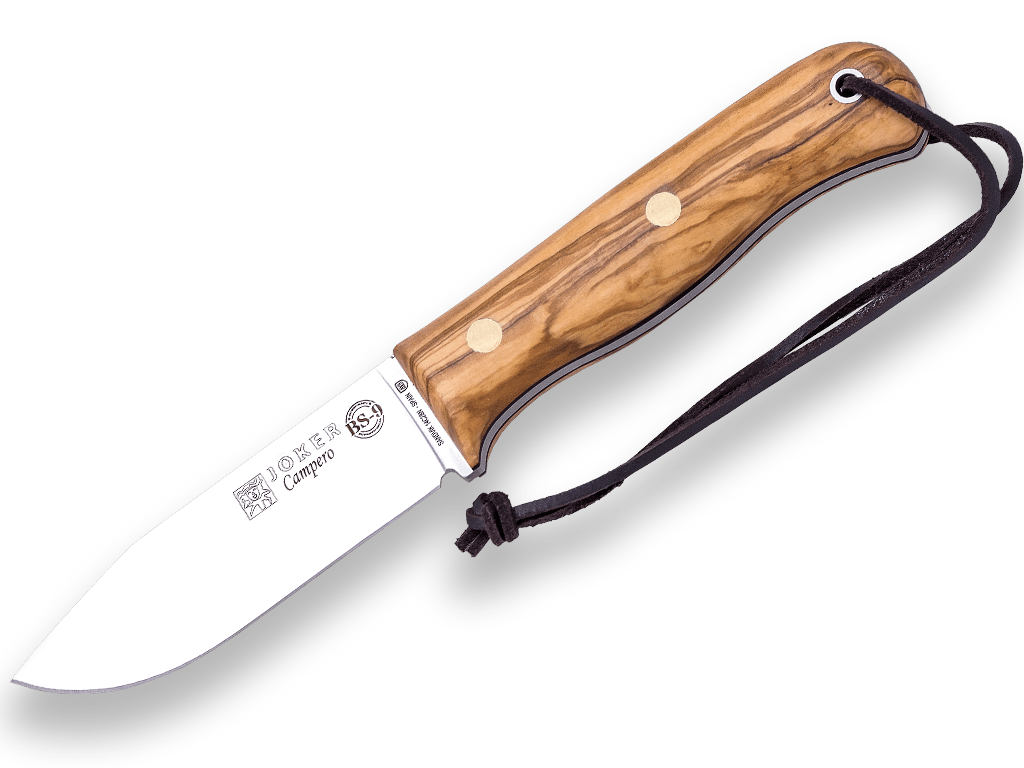 CUCHILLO BUSHCRAFT Y SUPERVIVENCIA JOKER CAMPERO. ACERO SANDVIK 14C28N, MANGO DE OLIVO Y FUNDA VAQUETILLA CON FERROCERIO