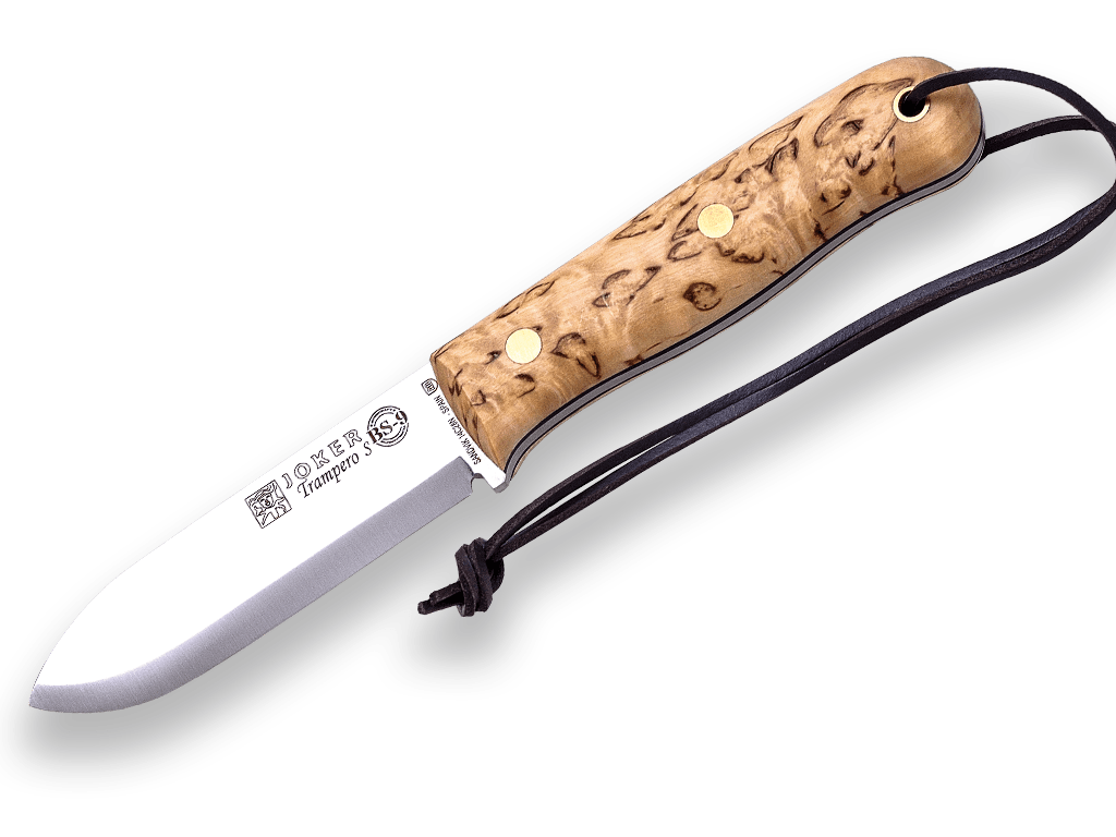 CUCHILLO BUSHCRAFT Y SUPERVIVENCIA JOKER TRAMPERO SCANDI EN ABEDUL RIZADO.