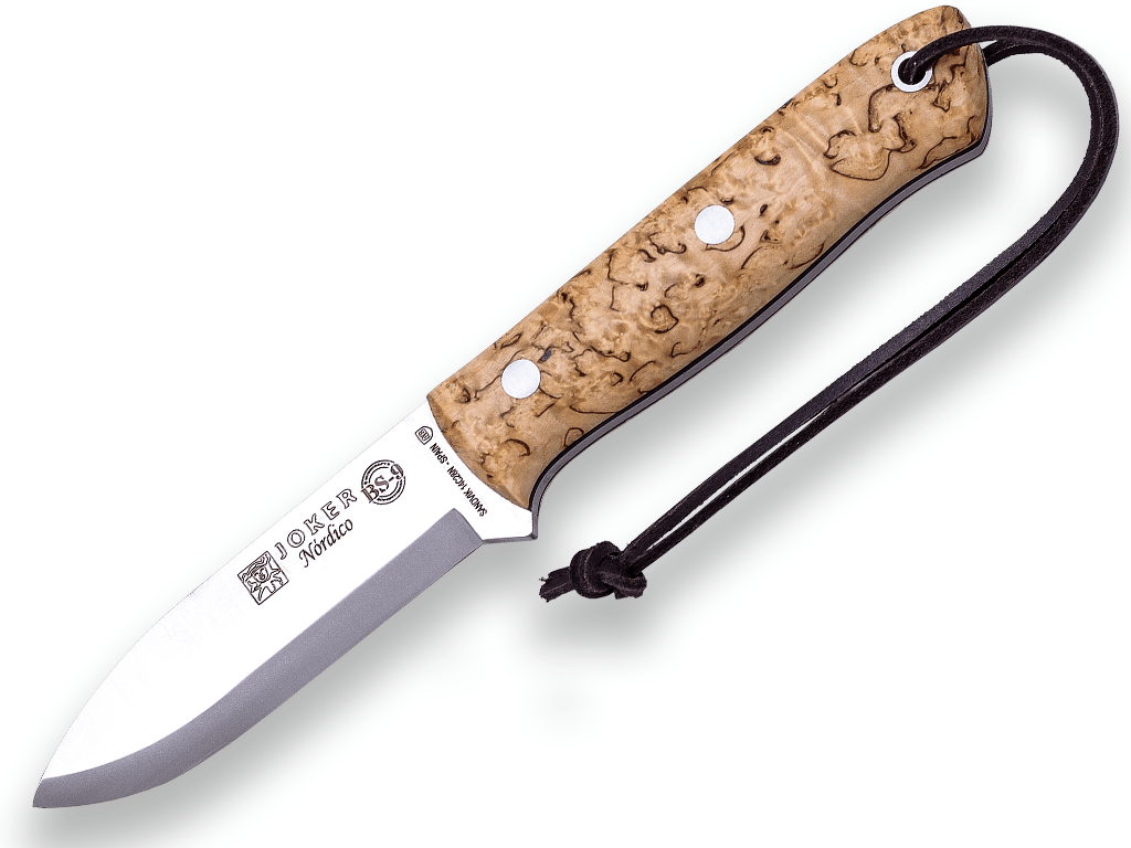 CUCHILLO BUSHCRAFT Y SUPERVIVENCIA JOKER BS9 NÓRDICO. ACERO SANDVIK 14C28N, MANGO DE ABEDUL RIZADO, HOJA 10 CM. FUNDA VAQUETILLA CON FERROCERIO.