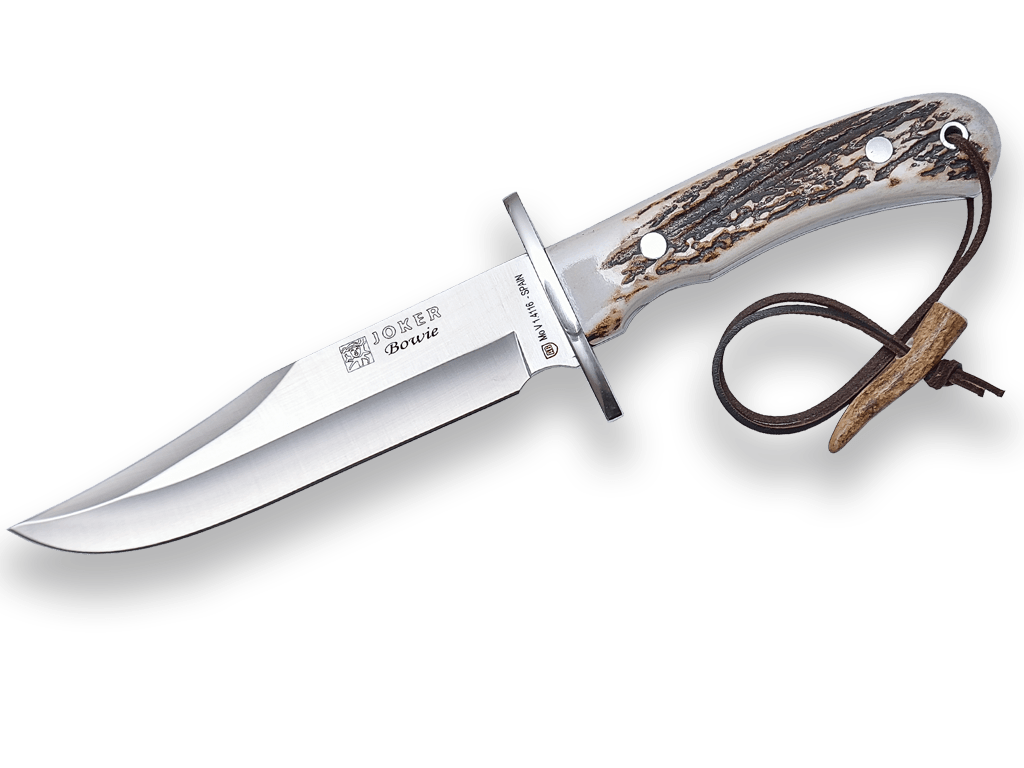 CUCHILLO DE CAZA JOKER BOWIE CON PUÑO DE CIERVO Y HOJA DE 16 CM. FUNDA DE CUERO.