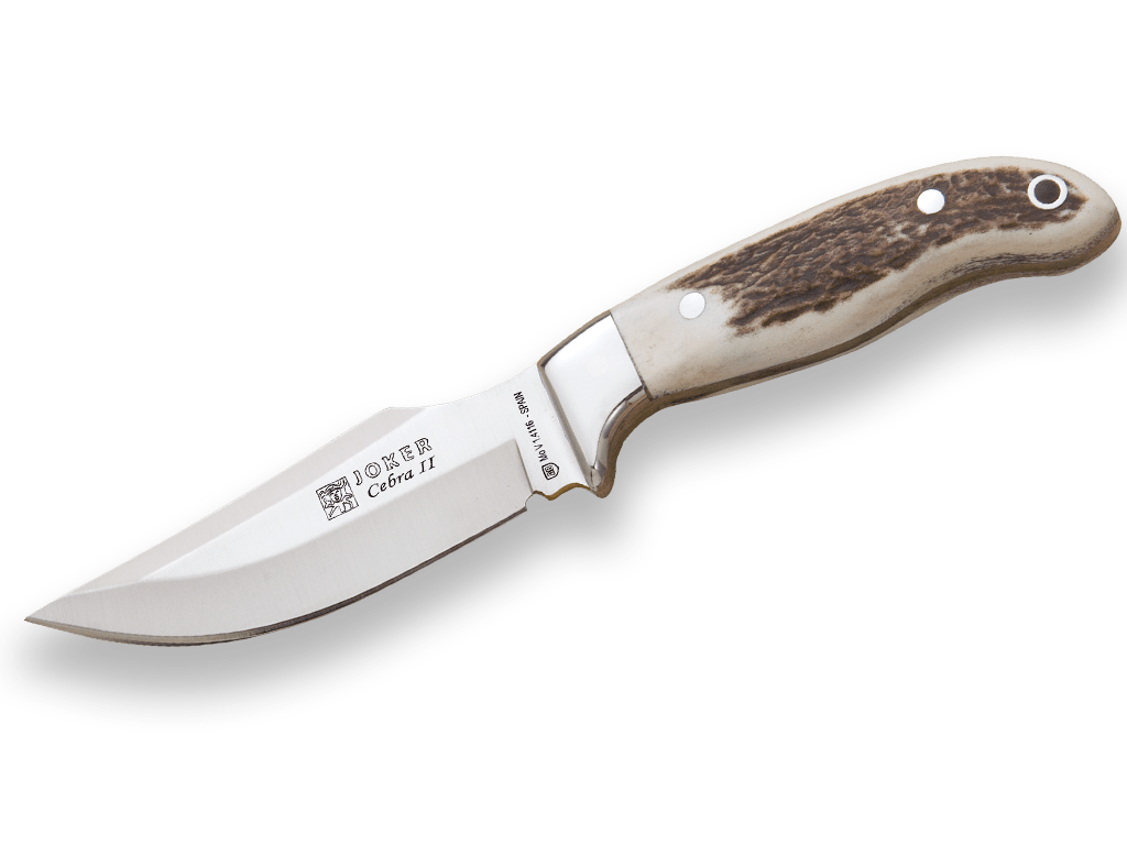 CUCHILLO DE CAZA JOKER CEBRA II,CACHAS EN ASTA DE CIERVO Y HOJA DE 11 CM.FUNDA DE CUERO.