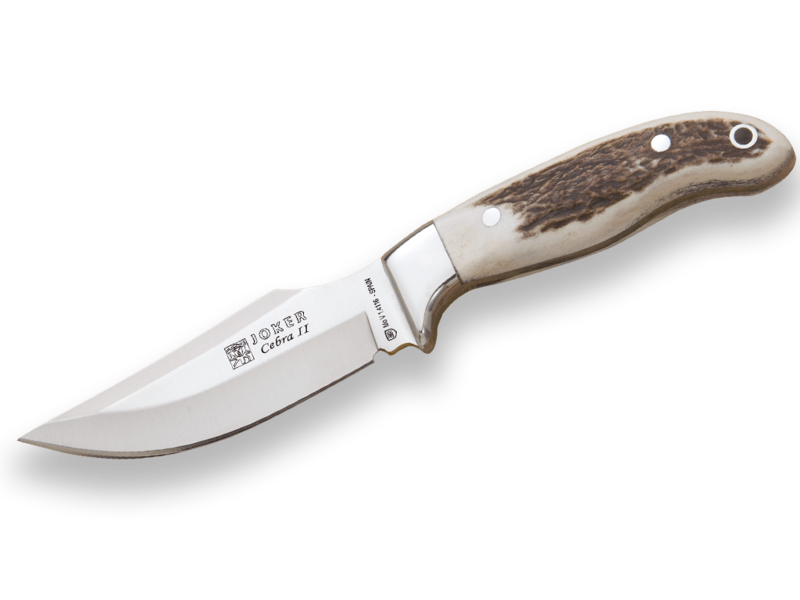 CUCHILLO DE CAZA JOKER CEBRA II,CACHAS EN ASTA DE CIERVO Y HOJA DE 11 CM.FUNDA DE CUERO.