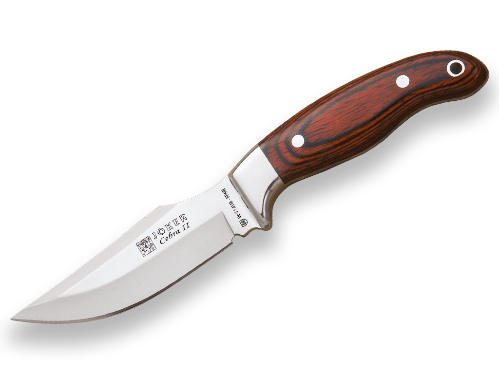 CUCHILLO DE CAZA JOKER CEBRA II, MANGO MADERA ROJA Y HOJA DE 11 CM.FUNDA DE CUERO.