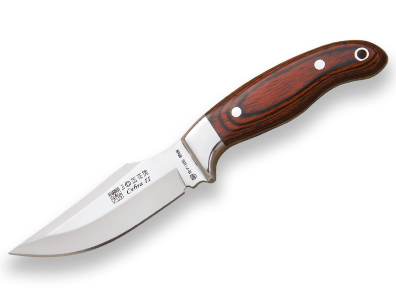 CUCHILLO DE CAZA JOKER CEBRA II, MANGO MADERA ROJA Y HOJA DE 11 CM.FUNDA DE CUERO.