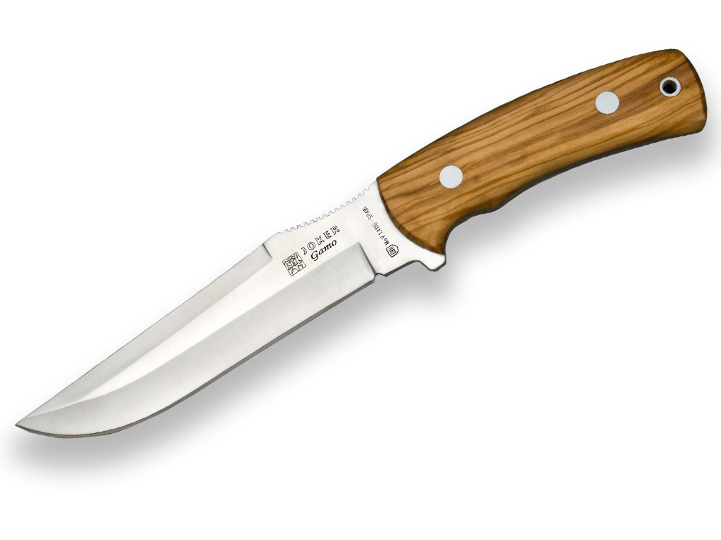 CUCHILLO DE CAZA JOKER GAMO, MANGO OLIVO Y HOJA INOX DE 15,5 CM. FUNDA DE CUERO.