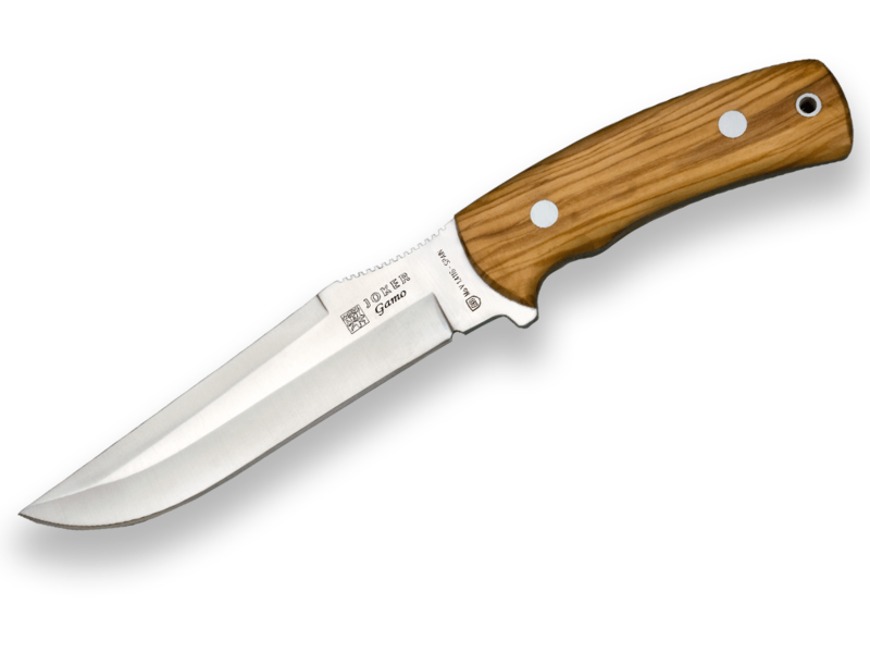 CUCHILLO DE CAZA JOKER GAMO, MANGO OLIVO Y HOJA INOX DE 15,5 CM. FUNDA DE CUERO.
