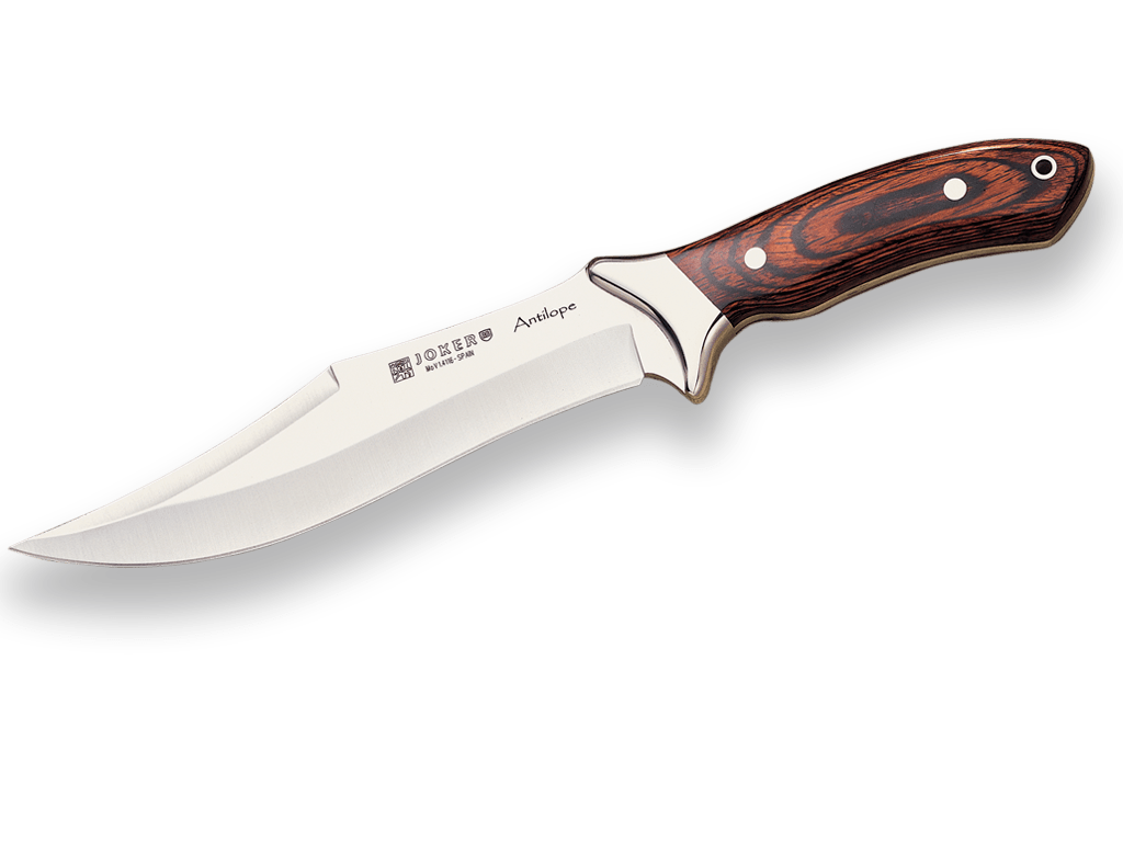 CUCHILLO DE CAZA JOKER ANTÍLOPE, MANGO DE OLIVO Y HOJA 19,5 CM.FUNDA DE CUERO.