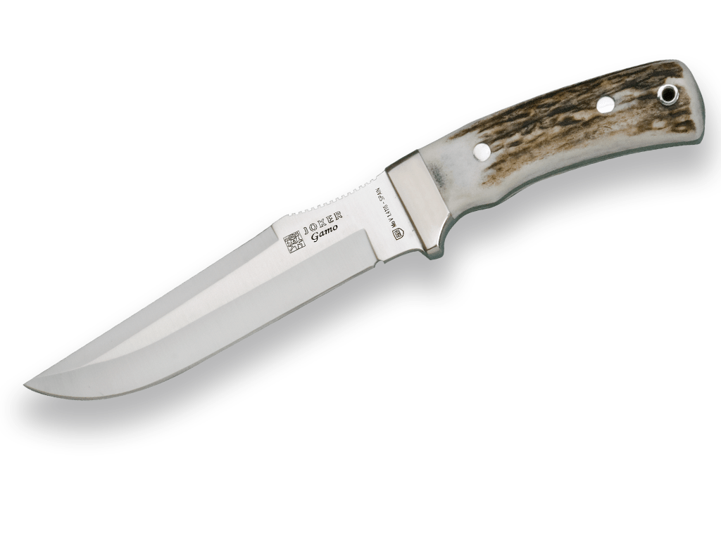 CUCHILLO DE CAZA JOKER GAMO, MANGO ASTA DE CIERVO Y HOJA DE 15,5 CM.FUNDA DE CUERO.