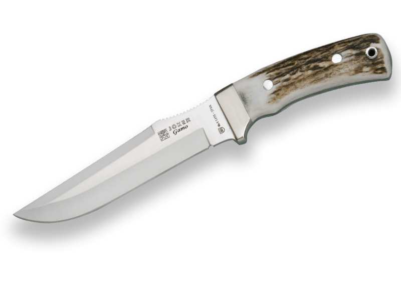 CUCHILLO DE CAZA JOKER GAMO, MANGO ASTA DE CIERVO Y HOJA DE 15,5 CM.FUNDA DE CUERO.