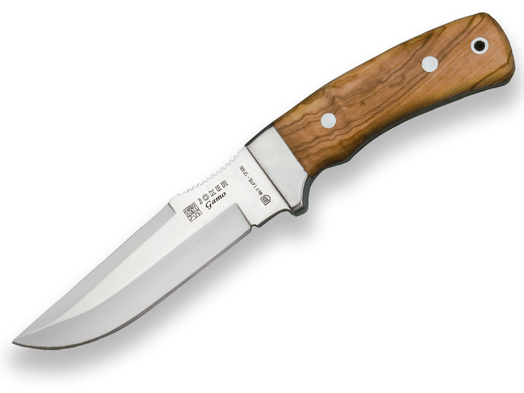 CUCHILLO DE CAZA JOKER GAMO, MANGO DE OLIVO Y HOJA INOX DE 13 CM. FUNDA DE CUERO.