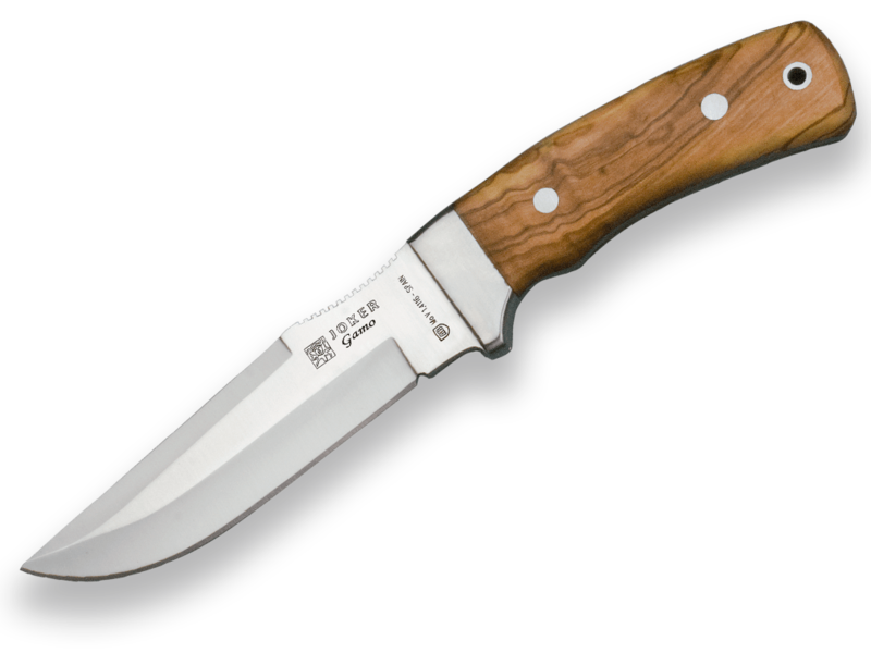 CUCHILLO DE CAZA JOKER GAMO, MANGO DE OLIVO Y HOJA INOX DE 13 CM. FUNDA DE CUERO.