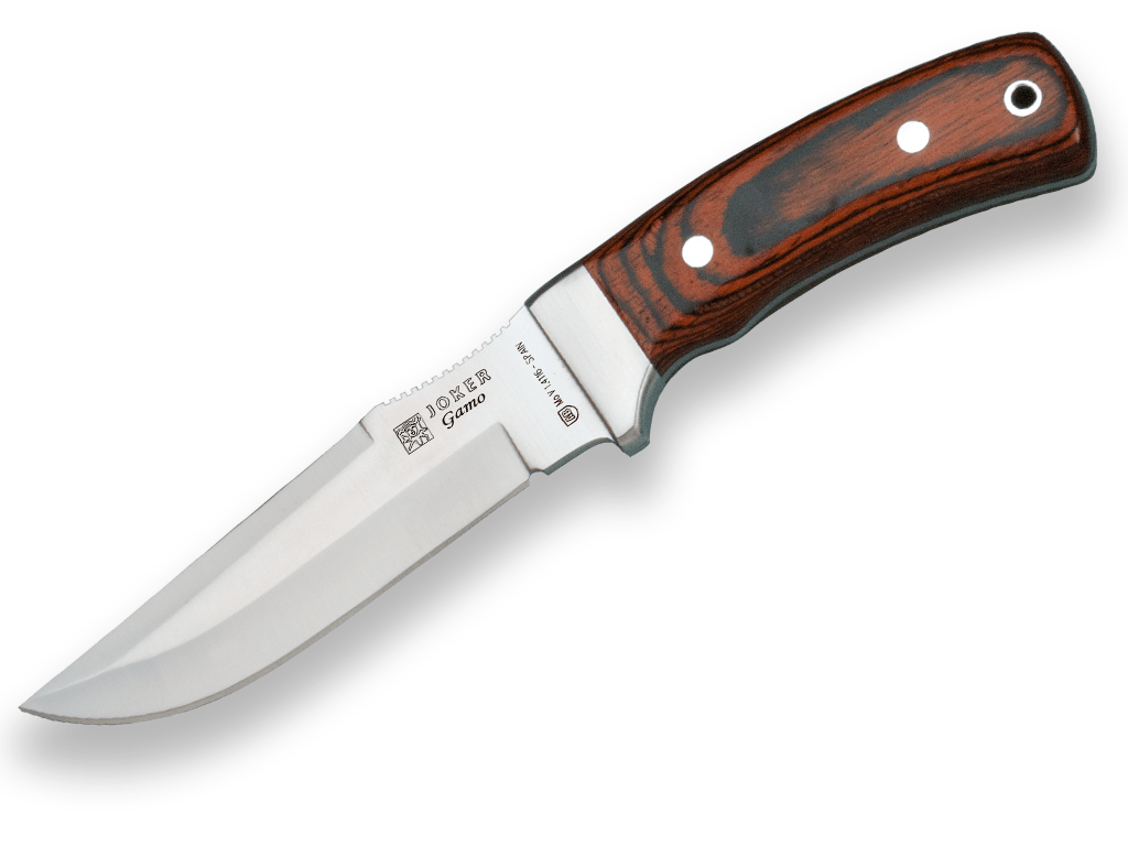 CUCHILLO JOKER GAMO, MANGO MADERA ROJA, HOJA 13 CM ACERO INOX MOVA. FUNDA DE CUERO.