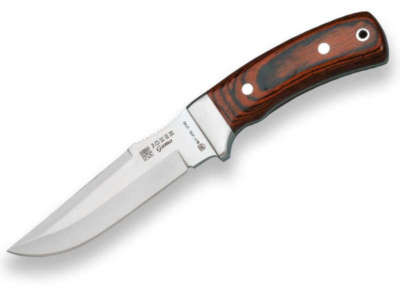 CUCHILLO JOKER GAMO, MANGO MADERA ROJA, HOJA 13 CM ACERO INOX MOVA. FUNDA DE CUERO.
