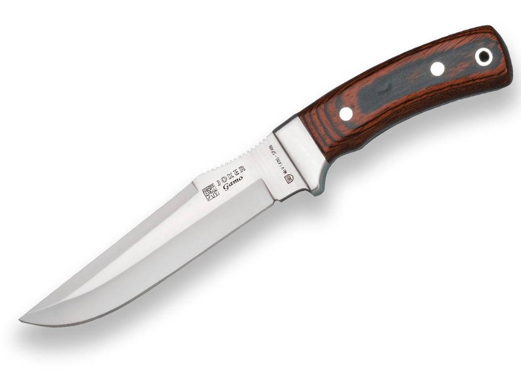 CUCHILLO JOKER GAMO, MANGO MADERA ROJA, HOJA 15,5 CM ACERO INOX. MOVA. FUNDA DE CUERO