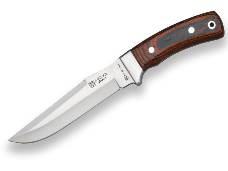 CUCHILLO JOKER GAMO, MANGO MADERA ROJA, HOJA 15,5 CM ACERO INOX. MOVA. FUNDA DE CUERO