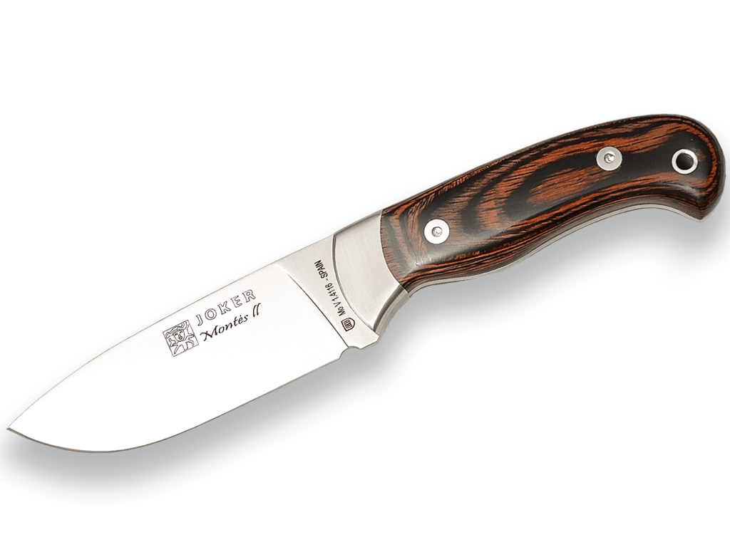CUCHILLO DE MONTE CON VIROLA CACHAS DE MADERA ROJA PRENSADA Y HOJA DE 10,5 CM