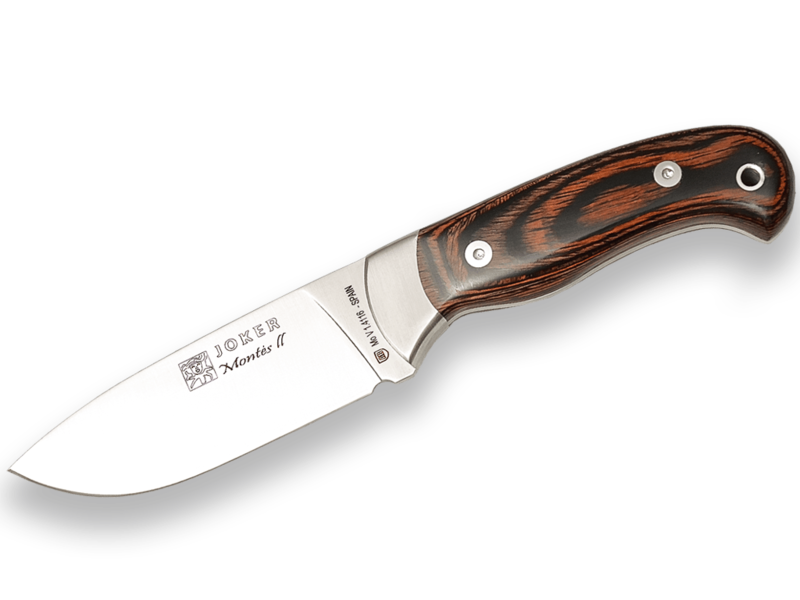 CUCHILLO DE MONTE CON VIROLA CACHAS DE MADERA ROJA PRENSADA Y HOJA DE 10,5 CM