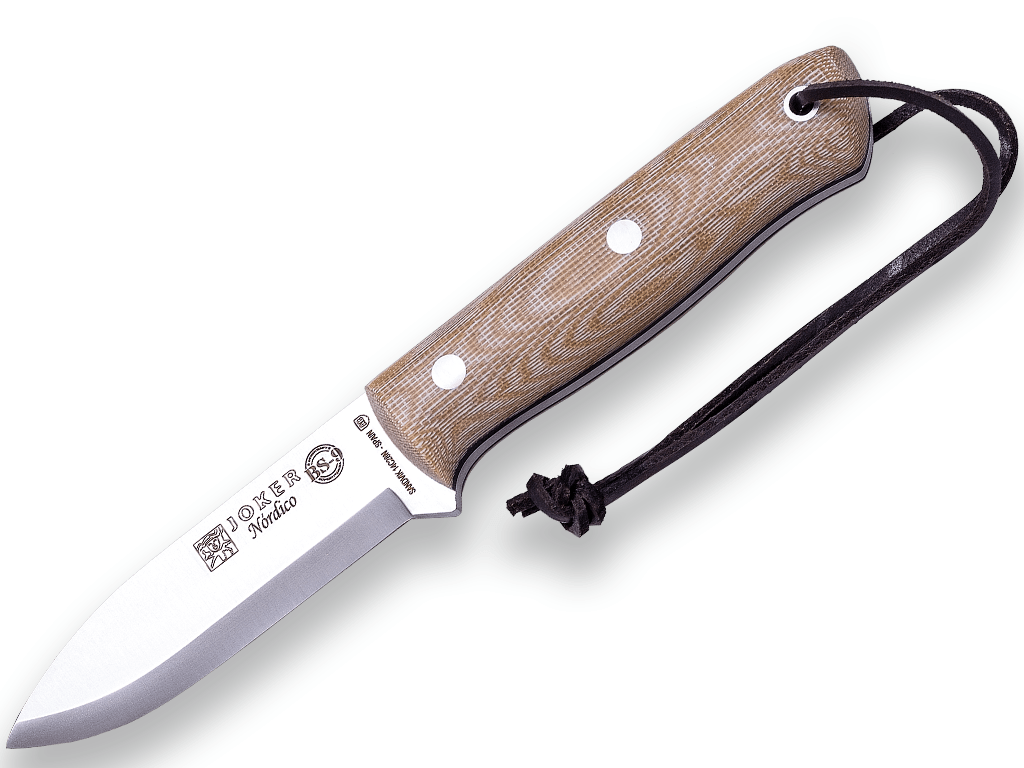 CUCHILLO BUSHCRAFT Y SUPERVIVENCIA JOKER BS9 NÓRDICO. ACERO SANDVIK 14C28N, MANGO CANVAS MICARTA, HOJA 10 CM. FUNDA VAQUETILLA CON FERROCERIO.