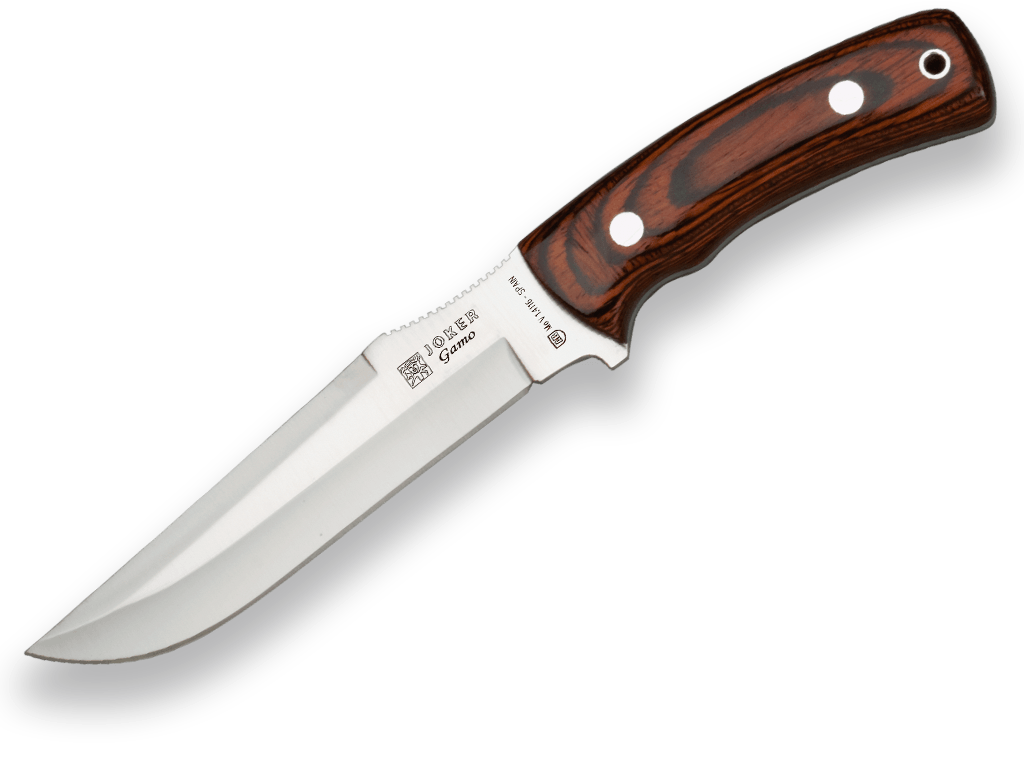 CUCHILLO JOKER GAMO, CACHAS MADERA ROJA Y HOJA INOX DE 15,5 CM. FUNDA DE CUERO.