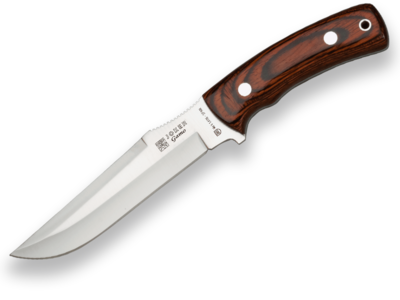 CUCHILLO JOKER GAMO, CACHAS MADERA ROJA Y HOJA INOX DE 15,5 CM. FUNDA DE CUERO.