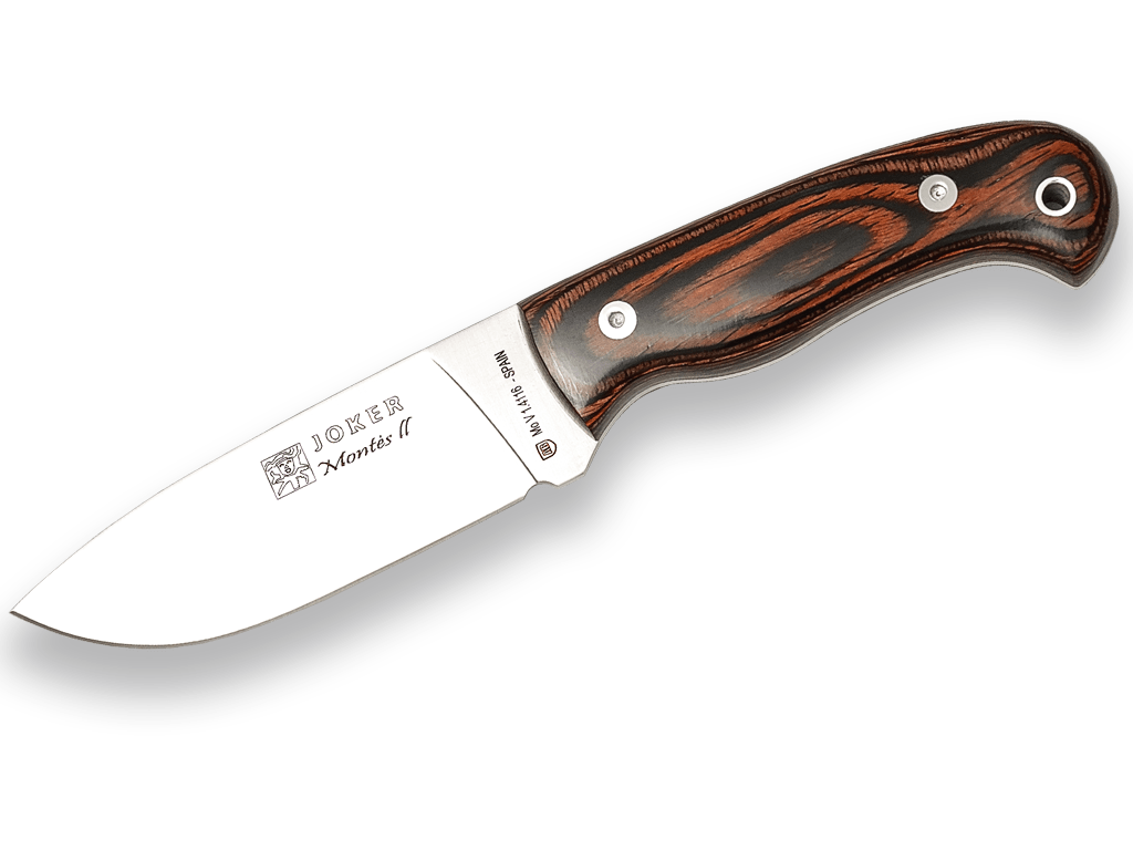 CUCHILLO DE MONTE CON CACHAS DE MADERA ROJA Y HOJA DE 11 CM.