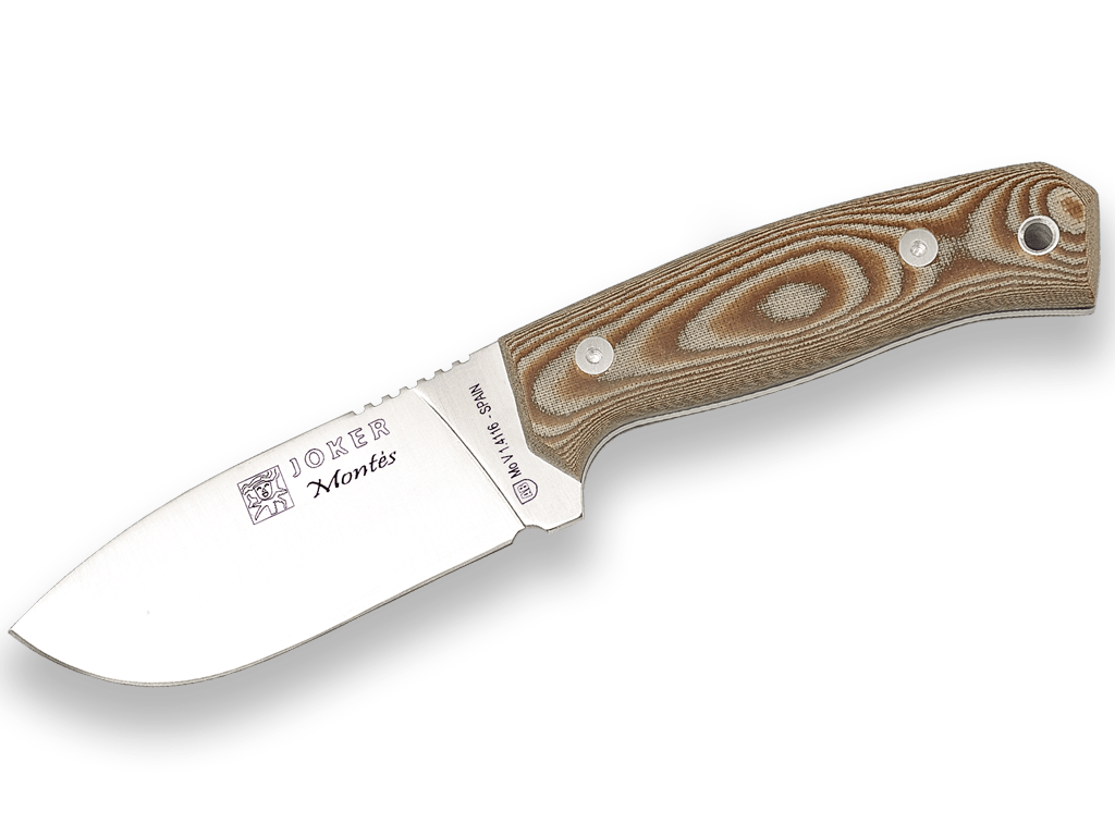 CUCHILLO DE MONTE CON CACHAS DE MICARTA MARRÓN Y HOJA DE 10,5 CM.