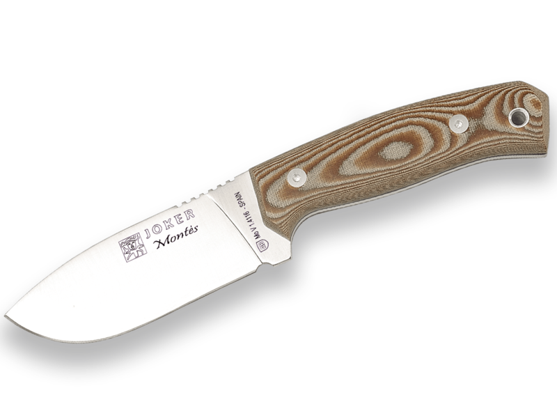 CUCHILLO DE MONTE CON CACHAS DE MICARTA MARRÓN Y HOJA DE 10,5 CM.