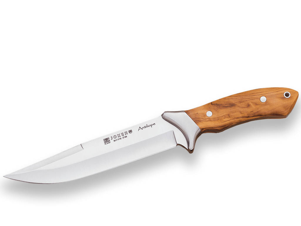 CUCHILLO DE CAZA JOKER ANTÍLOPE, CACHAS MADERA OLIVO, HOJA 19.5 CM ACERO INOX MOVA.FUNDA DE CUERO.