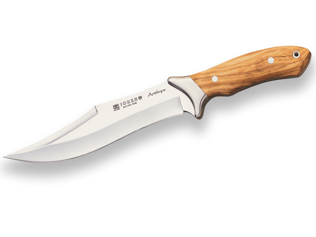 CUCHILLO DE CAZA JOKER ANTÍLOPE, CACHAS MADERA OLIVO Y HOJA DE 19,5 CM.FUNDA DE CUERO.
