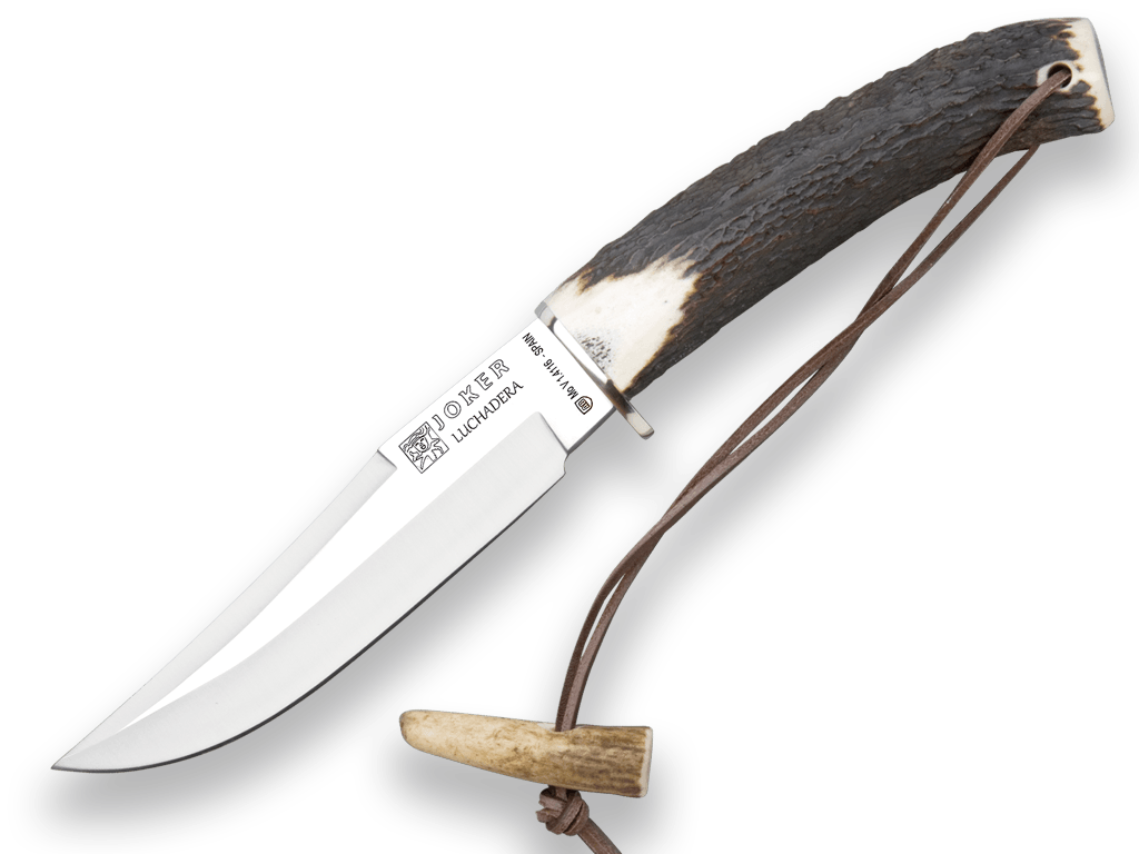 CUCHILLO DE CAZA JOKER CLUCHADERA, MANGO DE CIERVO, HOJA DE 14 CM. FUNDA DE CUERO.
