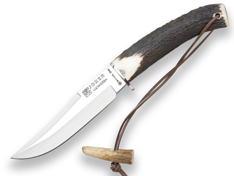 CUCHILLO DE CAZA JOKER CLUCHADERA, MANGO DE CIERVO, HOJA DE 14 CM. FUNDA DE CUERO.
