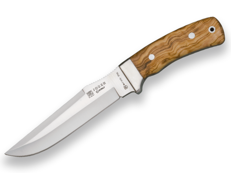 CUCHILLO DE CAZA JOKER GAMO,  MANGO DE OLIVO Y HOJA INOX DE 15,5 CM. FUNDA DE CUERO.