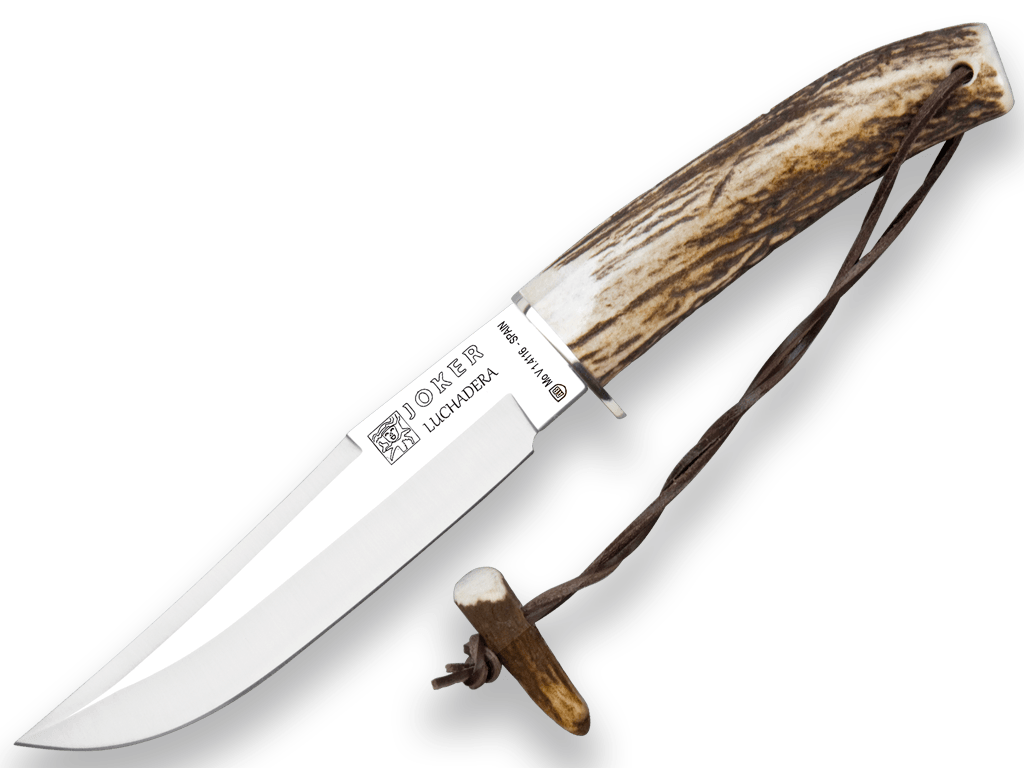 CUCHILLO DE CAZA JOKER LUCHADERA, PUÑO DE CIERVO, HOJA DE 16 CM. FUNDA DE CUERO.