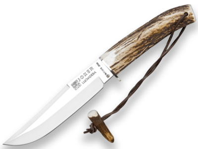 CUCHILLO DE CAZA JOKER LUCHADERA, PUÑO DE CIERVO, HOJA DE 16 CM. FUNDA DE CUERO.