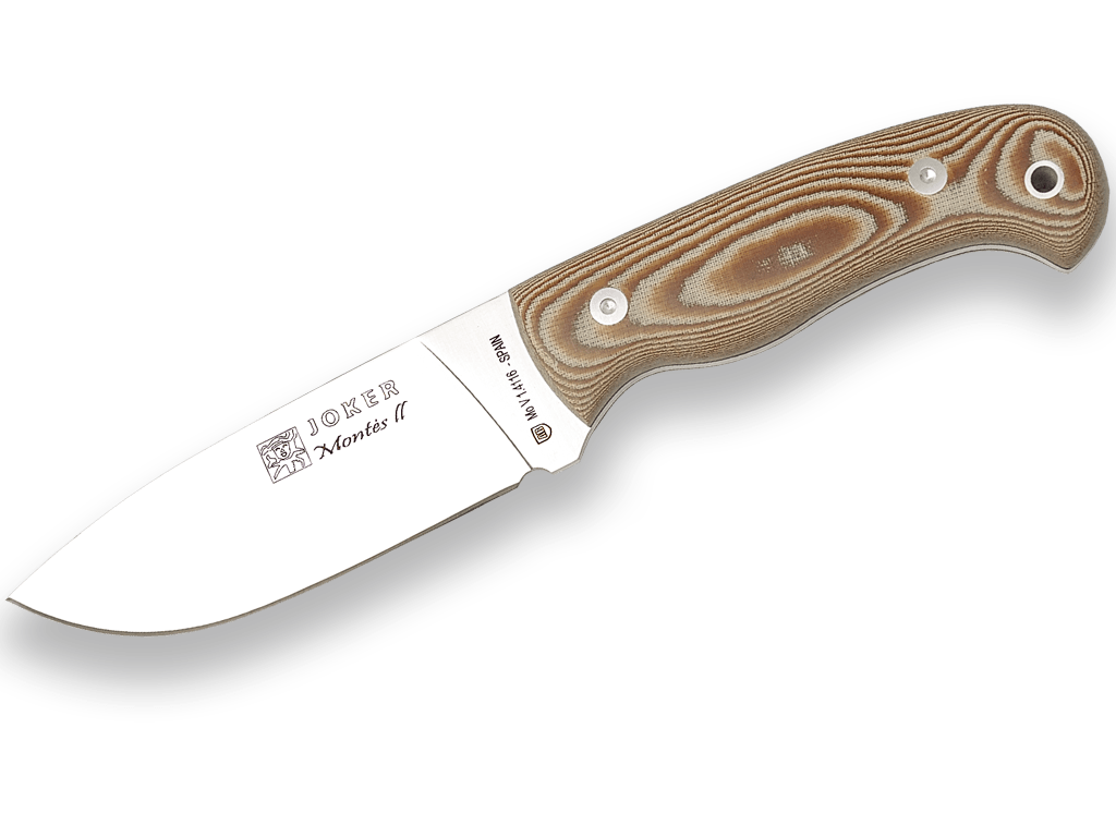 CUCHILLO DE MONTE CON CACHAS DE MICARTA MARRÓN Y HOJA DE 11 CM.