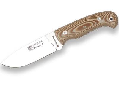 CUCHILLO DE MONTE CON CACHAS DE MICARTA MARRÓN Y HOJA DE 11 CM.
