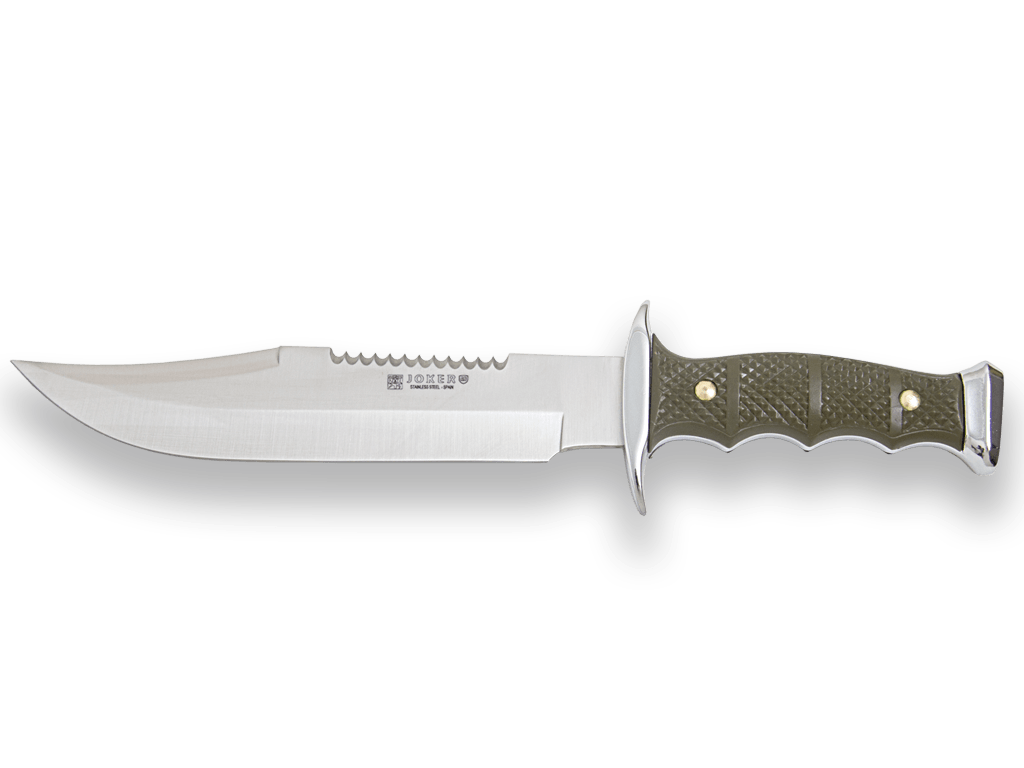 CUCHILLO DE MONTE CON CACHAS DE ZAMAK-ABS Y HOJA DE 21 CM. FUNDA DE CAMUFLAJE
