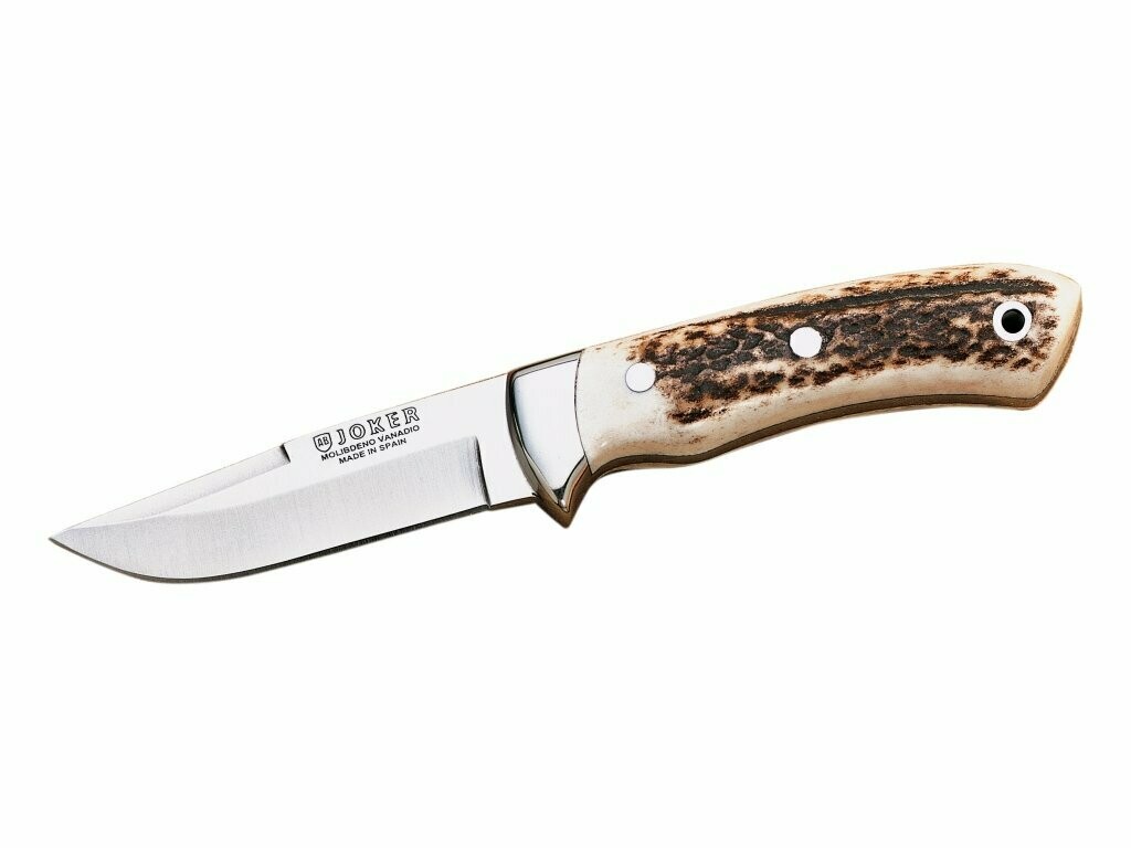 CUCHILLO DE MONTE ENTERIZO CON CACHAS ASTA DE CIERVO Y HOJA DE 9 CM.